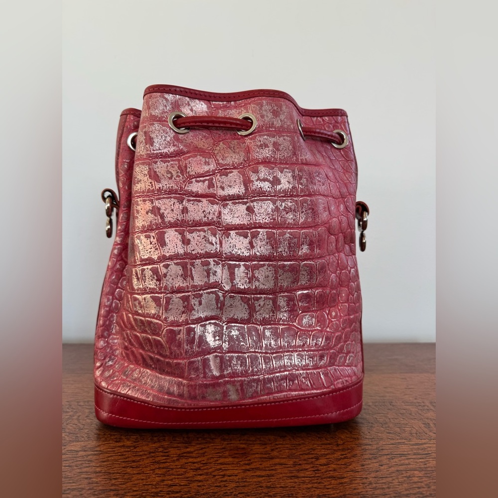 Dooney & Bourke Red/Pink Metallic Croc-Embossed Bucket/Shoulder Bag - RARE - Picture 3 of 16